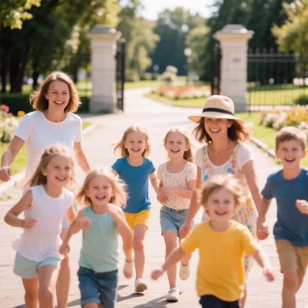 Families running together through a sunlit park
